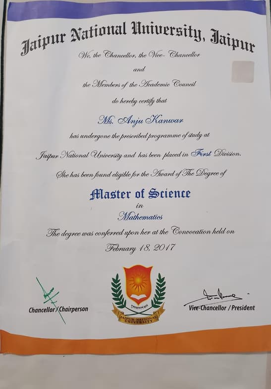 Verified degree or teaching certification of Anju