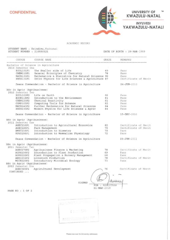 Verified degree or teaching certification of Kudzanai