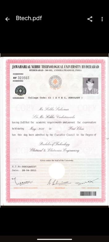 Verified degree or teaching certification of Sai Kumar