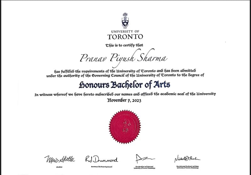 Verified degree or teaching certification of Pranav