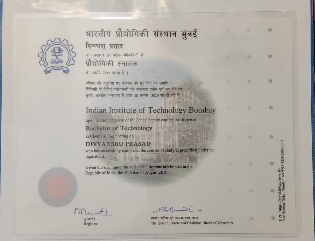 Verified degree or teaching certification of Divyanshu
