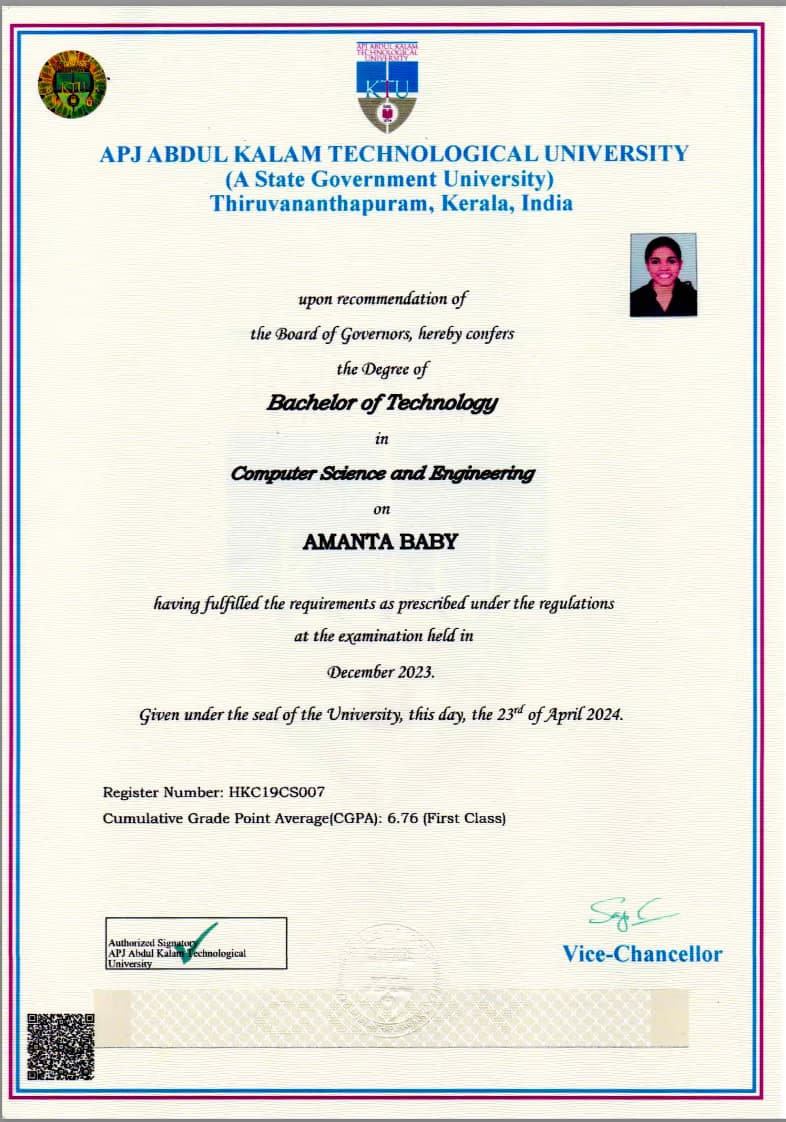 Amanta graduated from APJ Abdul Kalam technological University