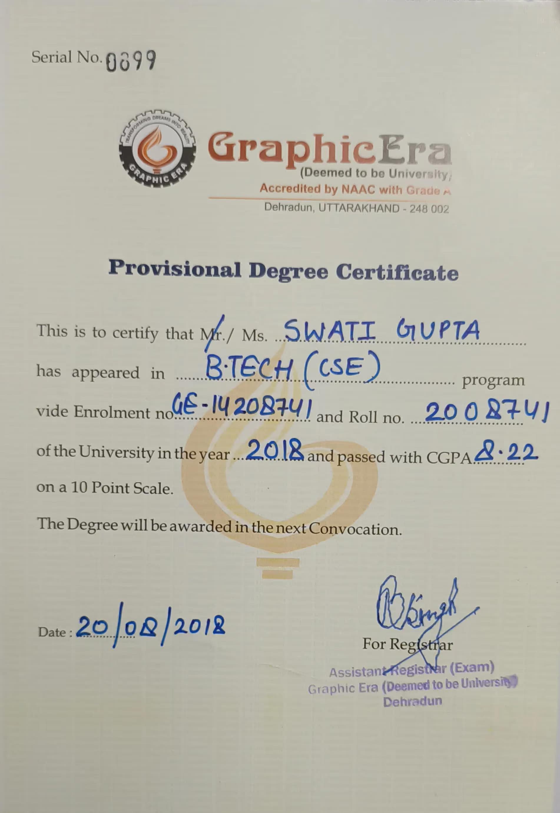Swati graduated from Graphic Era University
