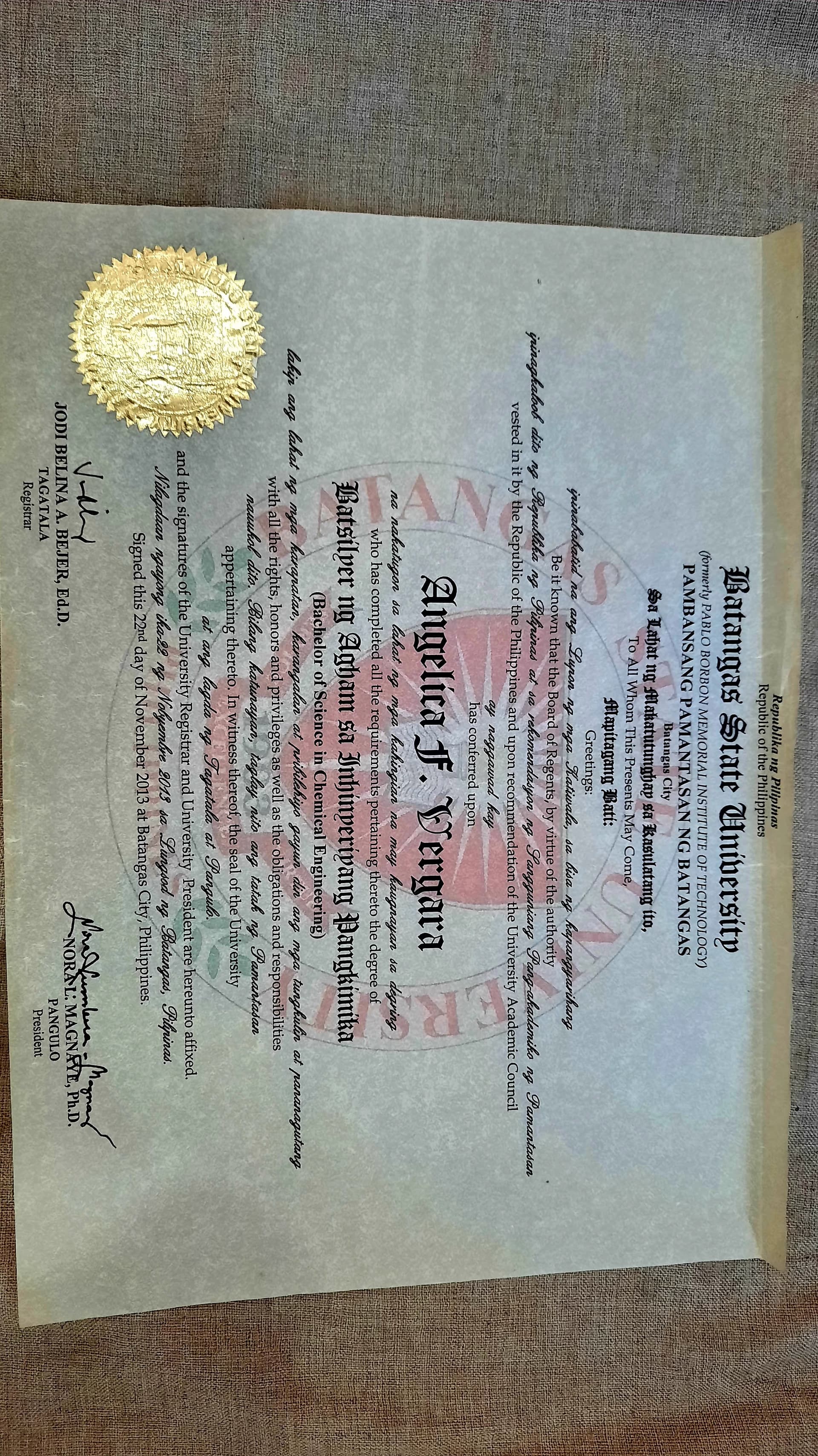 Angelica graduated from Batangas State University