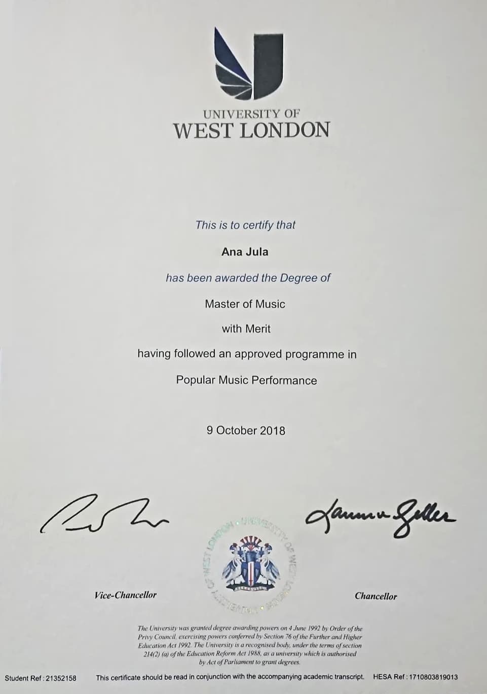 Ana graduated from University of Westminster