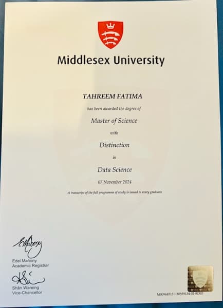 Tahreem graduated from Middlesex University