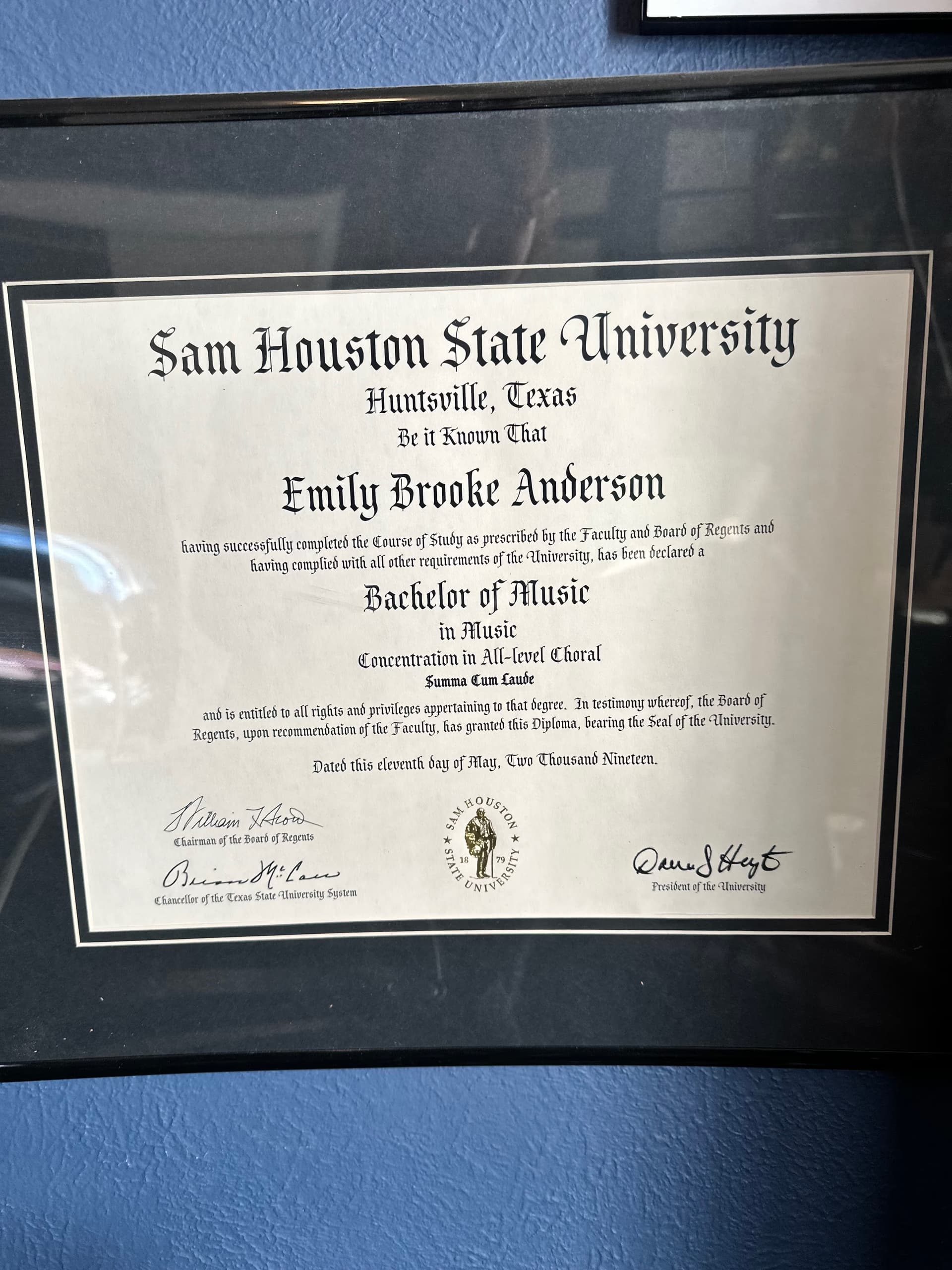 Emily graduated from Sam Houston State University