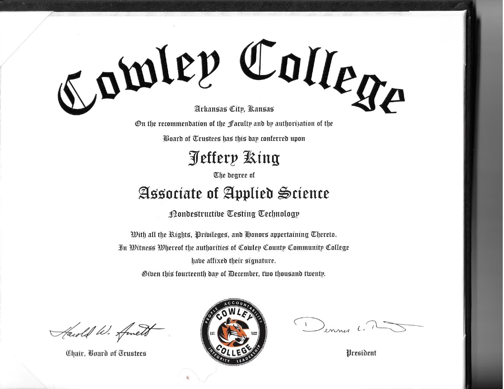 Jeffery graduated from Cowley Community COllege
