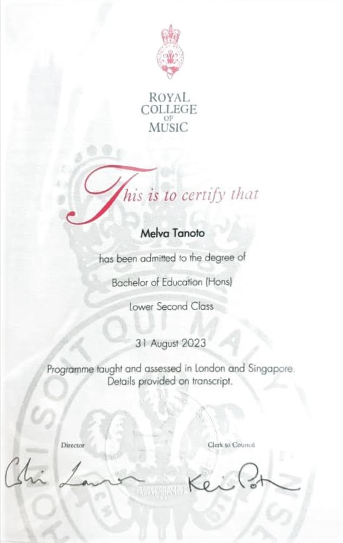 Melva graduated from Royal College of Music