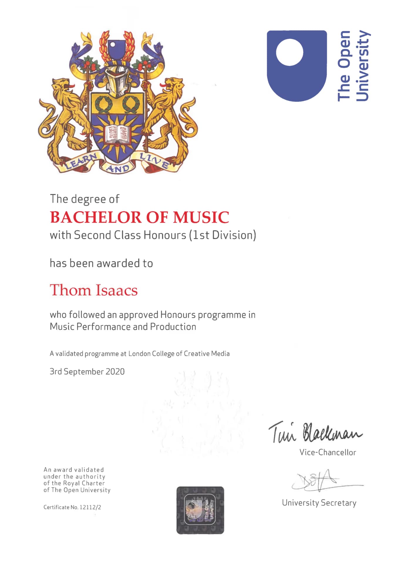 Thom graduated from University of Brighton