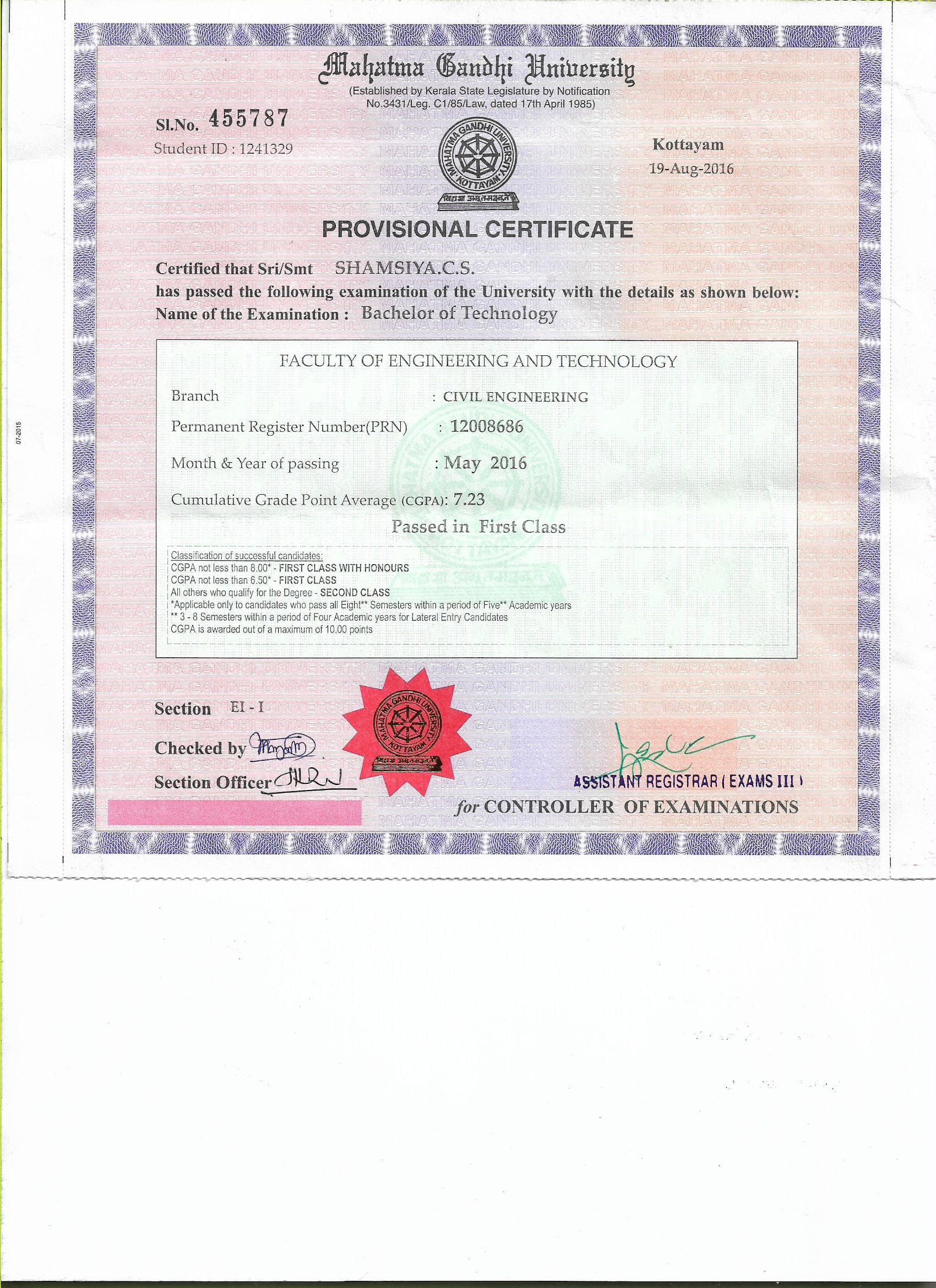 Shamsiya graduated from MG university, Kottayam